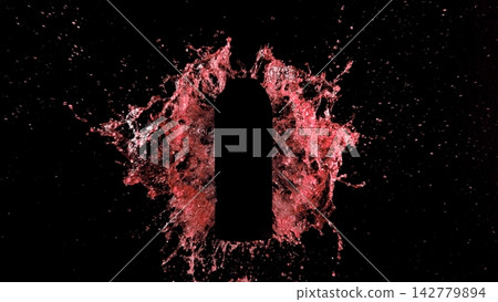 Freeze Motion of Splashing Water on Black Bottle Shape Isolated on Black Background Freeze Motion of Splashing Water on Black Bottle Shape Isolated on Black Background 142779894