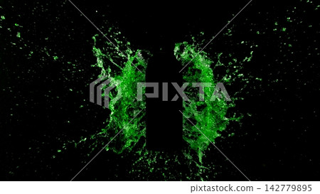 Freeze Motion of Splashing Water on Black Bottle Shape Isolated on Black Background Freeze Motion of Splashing Water on Black Bottle Shape Isolated on Black Background 142779895