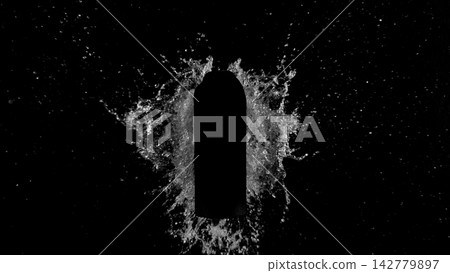Freeze Motion of Splashing Water on Black Bottle Shape Isolated on Black Background Freeze Motion of Splashing Water on Black Bottle Shape Isolated on Black Background 142779897