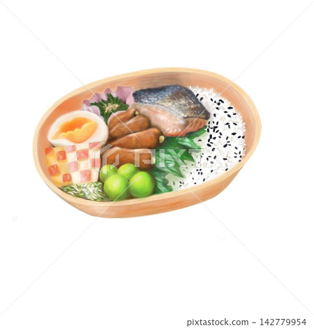 一個色彩鮮豔的日式便當盒,裡面裝滿了鮭魚捲和肉捲(白色背景的自製便當盒)。 一個色彩鮮豔的日式便當盒,裡面裝滿了鮭魚捲和肉捲(白色背景的自製便當盒)。 142779954