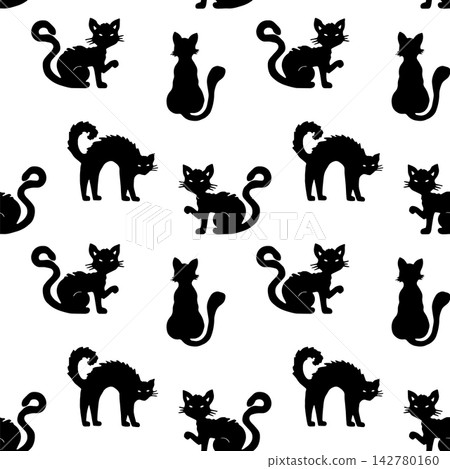 Seamless pattern of cat silhouettes. Black outline drawing for Halloween. Hand-drawn graphic background. Cute pets. Illustration of animals in different poses for holiday design. Simple doodle style 142780160