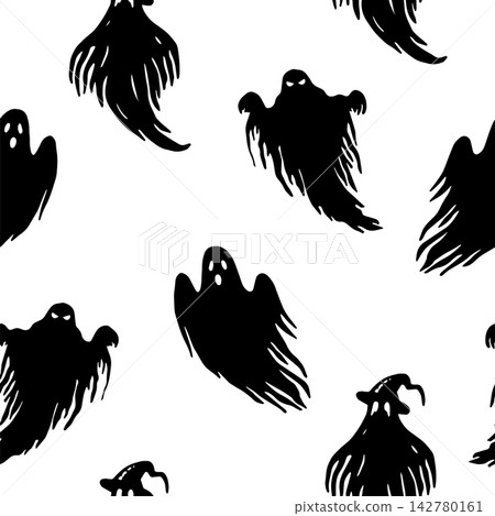 Seamless pattern of scary ghosts. Graphic illustration for Halloween. Hand drawn black silhouette. Monochrome creepy background for horror holiday. Simple doodle art. Magical creature of the night Seamless pattern of scary ghosts. Graphic illustration for Halloween. Hand drawn black silhouette. Monochrome creepy background for horror holiday. Simple doodle art. Magical creature of the night 142780161