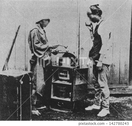 Old photograph, 1872, early Meiji period: Amazake (sweet rice wine) shop Old photograph, 1872, early Meiji period: Amazake (sweet rice wine) shop 142780243
