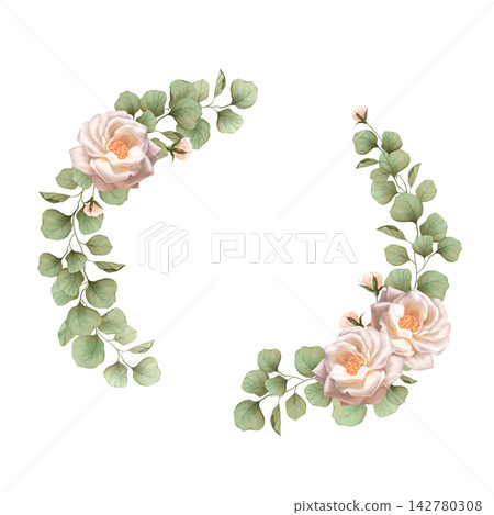 Hand drawn illustration of an elegant floral wreath with soft white roses and green eucalyptus foliage. Isolated on white background. Botanical decorative frame with blossoms for wedding invitations 142780308