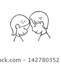 A line drawing illustration of a couple smiling and snuggling together. 142780352