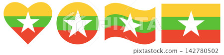Myanmar flags set. Waving flag of Myanmar isolated. Round flag isolated in circle shape. Flag of Myanmar in heart shape. Myanmar flags set. Waving flag of Myanmar isolated. Round flag isolated in circle shape. Flag of Myanmar in heart shape. 142780502