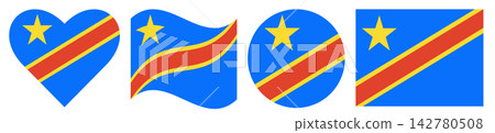 Democratic Republic of the Congo flags set. Waving flag, round flag, heart shape, rectangular flag. Democratic Republic of the Congo flags set. Waving flag, round flag, heart shape, rectangular flag. 142780508