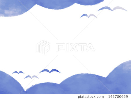 Simple watercolor-style frame with clouds and birds (blue) Simple watercolor-style frame with clouds and birds (blue) 142780639