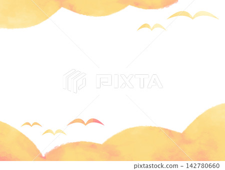 Simple watercolor-style frame with clouds and birds, orange. Simple watercolor-style frame with clouds and birds, orange. 142780660