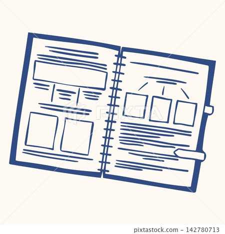 Open Textbook with Spiral Binding, Charts and Diagrams. Hand Drawn Doodle Style School Book with Blue Lines on Cream Background. Minimalist Outline Icon and Symbol for School Print, Label and Poster Open Textbook with Spiral Binding, Charts and Diagrams. Hand Drawn Doodle Style School Book with Blue Lines on Cream Background. Minimalist Outline Icon and Symbol for School Print, Label and Poster 142780713