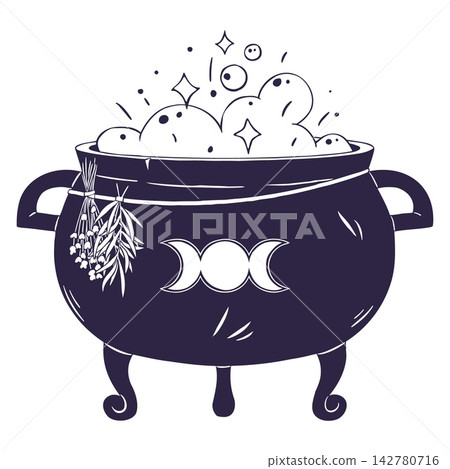Magic Halloween Cauldron with Bubbling Foam, Triple Moon and Herbs. Great for Party Sign Print, Potion Menu, Sticker Sheet, Poster. Hand Drawn Doodle Vector Outline in Navy on White Background 142780716