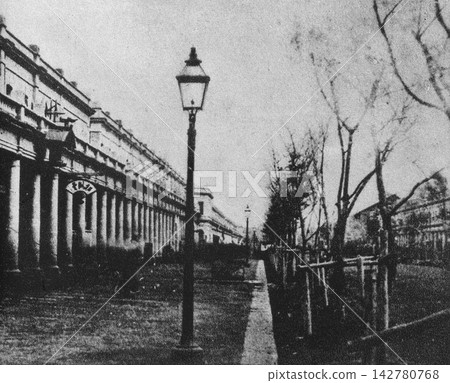 Old photograph, 1882, Tokyo, Ginza 2-chome brick street and gas lamps. Old photograph, 1882, Tokyo, Ginza 2-chome brick street and gas lamps. 142780768