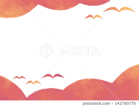 一幅簡潔的水彩風格畫框，描繪了日落時的雲和鳥兒。 142780770