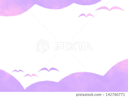 Simple watercolor-style frame with clouds and birds, purple. Simple watercolor-style frame with clouds and birds, purple. 142780771