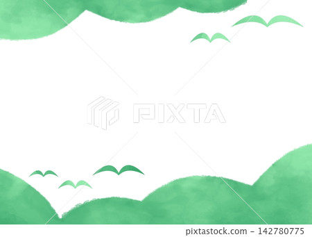 簡約水彩風格邊框，配上雲和小鳥（綠色） 142780775
