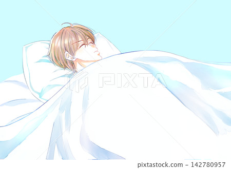 一名男子仰躺在床上，雙眼緊閉。 142780957