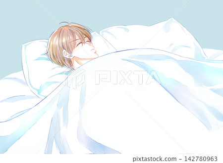 一名男子仰躺在雙人床上,雙眼緊閉。 一名男子仰躺在雙人床上,雙眼緊閉。 142780963