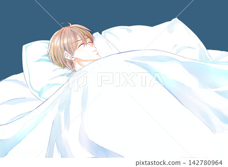 A man is lying on his back with his eyes closed in a double bed. A man is lying on his back with his eyes closed in a double bed. 142780964