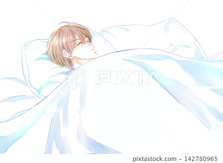 A man is lying on his back with his eyes closed in a double bed. A man is lying on his back with his eyes closed in a double bed. 142780965