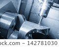 Chamfering process on automotive parts using a chamfer tool on a multi-tasking CNC machine in blue tone 142781030