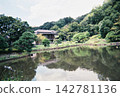 The scenery of trees and historic Japanese houses reflected in the pond. 142781136