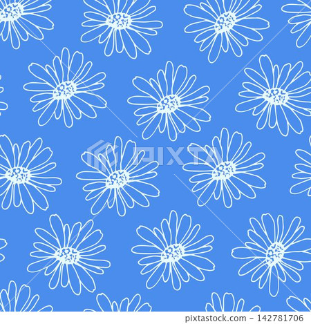 Simple floral vector seamless pattern. Light contour of a chamomile flower on a bright blue background. For fabric prints, packaging, product decoration, clothing, textiles. Simple floral vector seamless pattern. Light contour of a chamomile flower on a bright blue background. For fabric prints, packaging, product decoration, clothing, textiles. 142781706