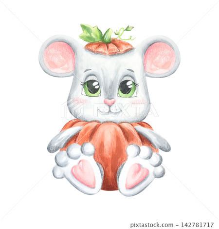 A fun character for Halloween. A cute watercolor autumn illustration with an orange pumpkin and a gray mouse with big ears. A stylized image for design, a children's book in pastel colors. A fun character for Halloween. A cute watercolor autumn illustration with an orange pumpkin and a gray mouse with big ears. A stylized image for design, a children's book in pastel colors. 142781717
