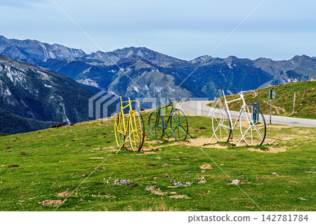 Huge bicycles in honor of the winners of the Tour de France Cycling race at the top of Col d'Aubisque in France Huge bicycles in honor of the winners of the Tour de France Cycling race at the top of Col d'Aubisque in France 142781784