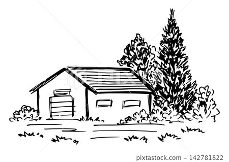 Hand-drawn black and white vector drawing in engraving style. Countryside rural landscape, farm buildings, small house. Trees, bushes, grass. Hand-drawn black and white vector drawing in engraving style. Countryside rural landscape, farm buildings, small house. Trees, bushes, grass. 142781822