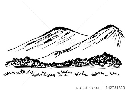Hand-drawn vector black and white ink drawing. Wildlife, mountain landscape, bushes, grass in the foreground. The nature of mountainous countries, tourism, travel. Hand-drawn vector black and white ink drawing. Wildlife, mountain landscape, bushes, grass in the foreground. The nature of mountainous countries, tourism, travel. 142781823