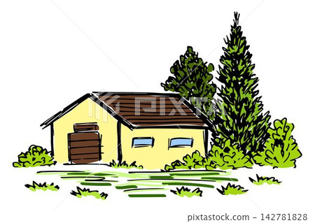 Hand-drawn color vector illustration. Farm buildings, small house, bright green grass, bushes and trees. Rural landscape. Hand-drawn color vector illustration. Farm buildings, small house, bright green grass, bushes and trees. Rural landscape. 142781828