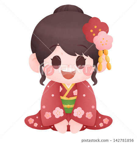 A girl in a kimono giving New Year's greetings. A girl in a kimono giving New Year's greetings. 142781856