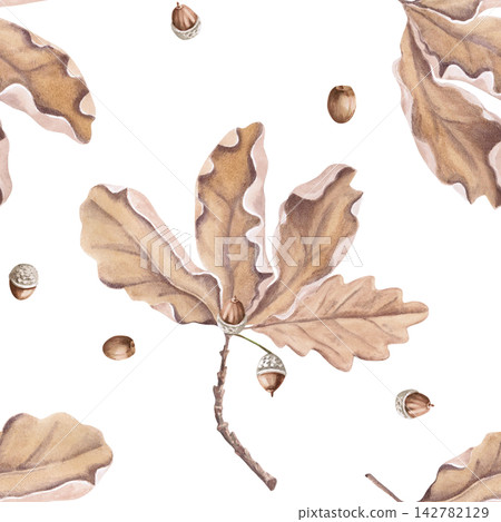Watercolor pattern of acorns and autumn leaves. Isolated illustration for craft packaging, textiles, scrapbooking, children's books, fall fairs, restaurant menus, plant nursery design, and eco-farms. 142782129