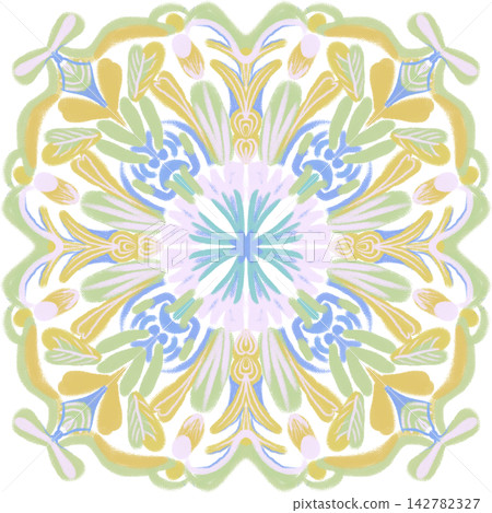 Pastel Floral Mandala With Yellow Green and Blue Details 142782327