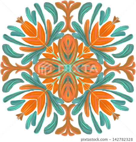 Orange Teal Botanical Mandala With Symmetrical Floral Motif Orange Teal Botanical Mandala With Symmetrical Floral Motif 142782328