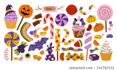 Cute Halloween sweets and candy illustrations set of cupcakes, lollipops, candy canes, chocolates, fruit jelly, marmalade, marshmallows, caramel, chewing gums, bat and spider treats, festive desserts. 142782532
