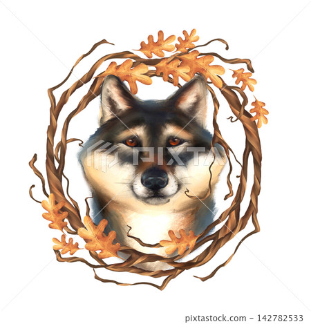 Hand-drawn illustration of a cute wolf shiba inu dog in an autumn oak leaf wreath Hand-drawn illustration of a cute wolf shiba inu dog in an autumn oak leaf wreath 142782533