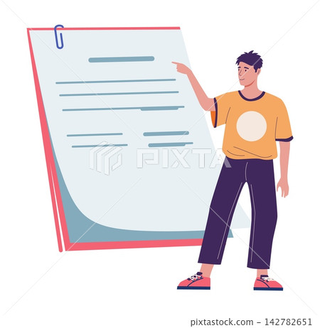 Man pointing at document. Person presenting paper sheet, business documentation, instructions and workplace communication. Review, analysis and planning vector cartoon isolated illustration 142782651