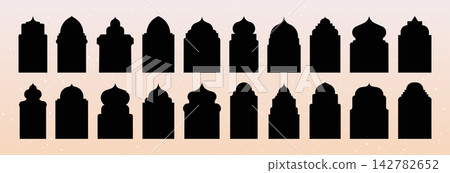 Arab arch. Indian frame shape, middle eastern gate door or architecture ornament border. Islamic traditional mosque exterior window and doorway shapes for oriental design vector silhouette set Arab arch. Indian frame shape, middle eastern gate door or architecture ornament border. Islamic traditional mosque exterior window and doorway shapes for oriental design vector silhouette set 142782652