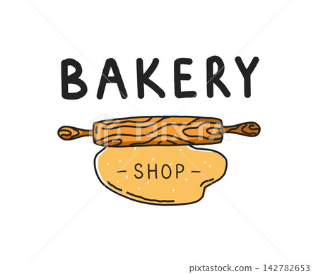 Bakery shop logo. Hand drawn rolling pin and dough badge, baking business identity logotype, fresh bread production, pastry retail and kitchen branding. Vector cartoon isolated illustration 142782653