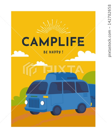 Camping van poster. Minimal banner design. Adventure travel retro vehicle on rural road, outdoor trip lifestyle and vacation transportation. Camper bus. Vector cartoon isolated illustration Camping van poster. Minimal banner design. Adventure travel retro vehicle on rural road, outdoor trip lifestyle and vacation transportation. Camper bus. Vector cartoon isolated illustration 142782658