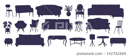 Lounge room interior. Chair, couch for interior design, sofa, modern bed objects for black home bedroom. Tables, plants and lighting icons. Black silhouette. Vector isolated furniture set Lounge room interior. Chair, couch for interior design, sofa, modern bed objects for black home bedroom. Tables, plants and lighting icons. Black silhouette. Vector isolated furniture set 142782689