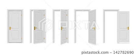 Open door in sequence. 3d white wood house hallway, empty home or apartment front arch. Realistic room lock, keyhole. Building apartment clean architectural isolated element. Vector doorway set Open door in sequence. 3d white wood house hallway, empty home or apartment front arch. Realistic room lock, keyhole. Building apartment clean architectural isolated element. Vector doorway set 142782690