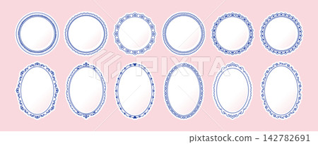 Scallop frame. Vintage floral plate border, italian oval pattern or doodle retro round shape. Wavy classic circle design. Blue ornamental round and oval plates. Vector hand drawn illustration Scallop frame. Vintage floral plate border, italian oval pattern or doodle retro round shape. Wavy classic circle design. Blue ornamental round and oval plates. Vector hand drawn illustration 142782691
