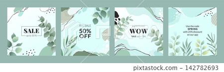 Sale banner templates. Minimal botanical promotional cards with abstract shapes and discount text, seasonal marketing design, advertising social media templates. Vector backgrounds set Sale banner templates. Minimal botanical promotional cards with abstract shapes and discount text, seasonal marketing design, advertising social media templates. Vector backgrounds set 142782693