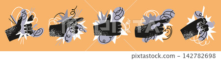 Chaos icons. Abstract cartoon hands with business or health retro digital puzzle, creative geometric stars. Expressive fists and pointing gestures. Emblems design. Vector label illustration Chaos icons. Abstract cartoon hands with business or health retro digital puzzle, creative geometric stars. Expressive fists and pointing gestures. Emblems design. Vector label illustration 142782698