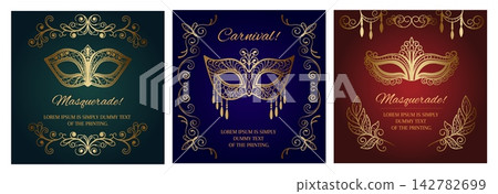 Masquerade ball. Mardi gras party mask, venice carnival costume or venetian fantasy theatrical poster templates. Elegant mask invitations with gold ornamental frames. Vector set Masquerade ball. Mardi gras party mask, venice carnival costume or venetian fantasy theatrical poster templates. Elegant mask invitations with gold ornamental frames. Vector set 142782699