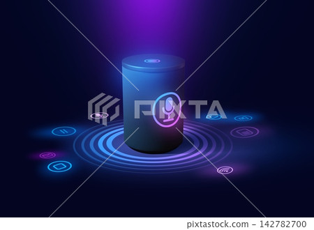 Smart speaker. Ai iot voice control with microphone, home internet device or audio product for car audio. Futuristic touch and talk. Virtual assistant technology system. Vector concept Smart speaker. Ai iot voice control with microphone, home internet device or audio product for car audio. Futuristic touch and talk. Virtual assistant technology system. Vector concept 142782700