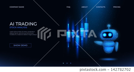 Trade ai agent. Digital stock data market, 3d financial tech robot or futuristic fintech bot concept. Finance chat, technology cryptocurrency interface. Banner design, vector background Trade ai agent. Digital stock data market, 3d financial tech robot or futuristic fintech bot concept. Finance chat, technology cryptocurrency interface. Banner design, vector background 142782702
