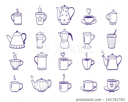 Outline coffee cup. Hand draw cafe mug, doodle drink logo sketch or hot morning tea for takeaway menu, cafe menu elements, kitchen drink in teapots. Vector icons isolated illustration Outline coffee cup. Hand draw cafe mug, doodle drink logo sketch or hot morning tea for takeaway menu, cafe menu elements, kitchen drink in teapots. Vector icons isolated illustration 142782703